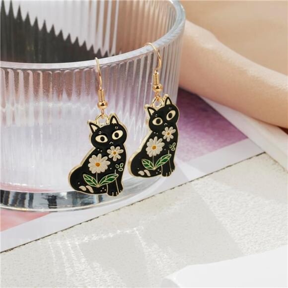 Adorable Black Cat Dangle Earrings - Cute Flower Jewelry Gift for Cat Lovers - Picture 3 of 5